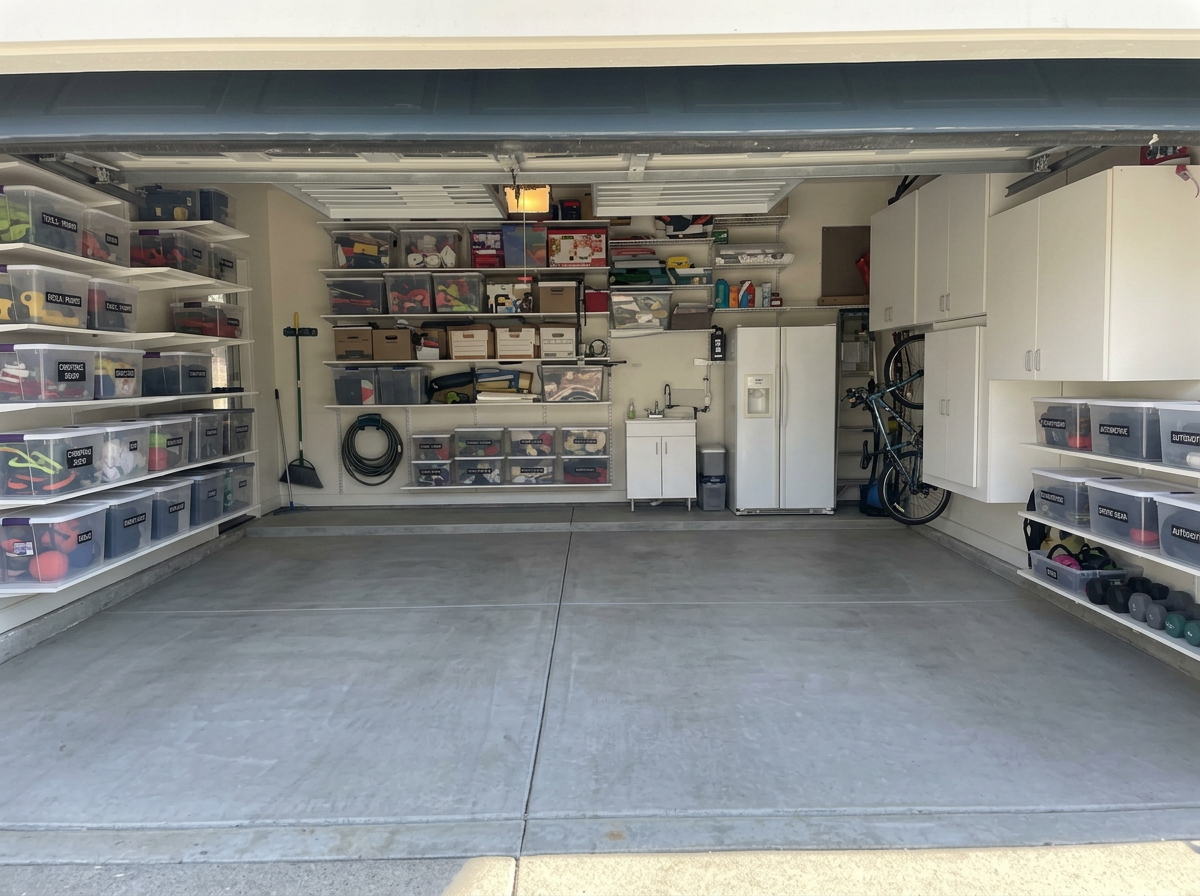 Garage after a professional Declutter clean-out, floor clear and shelves organized